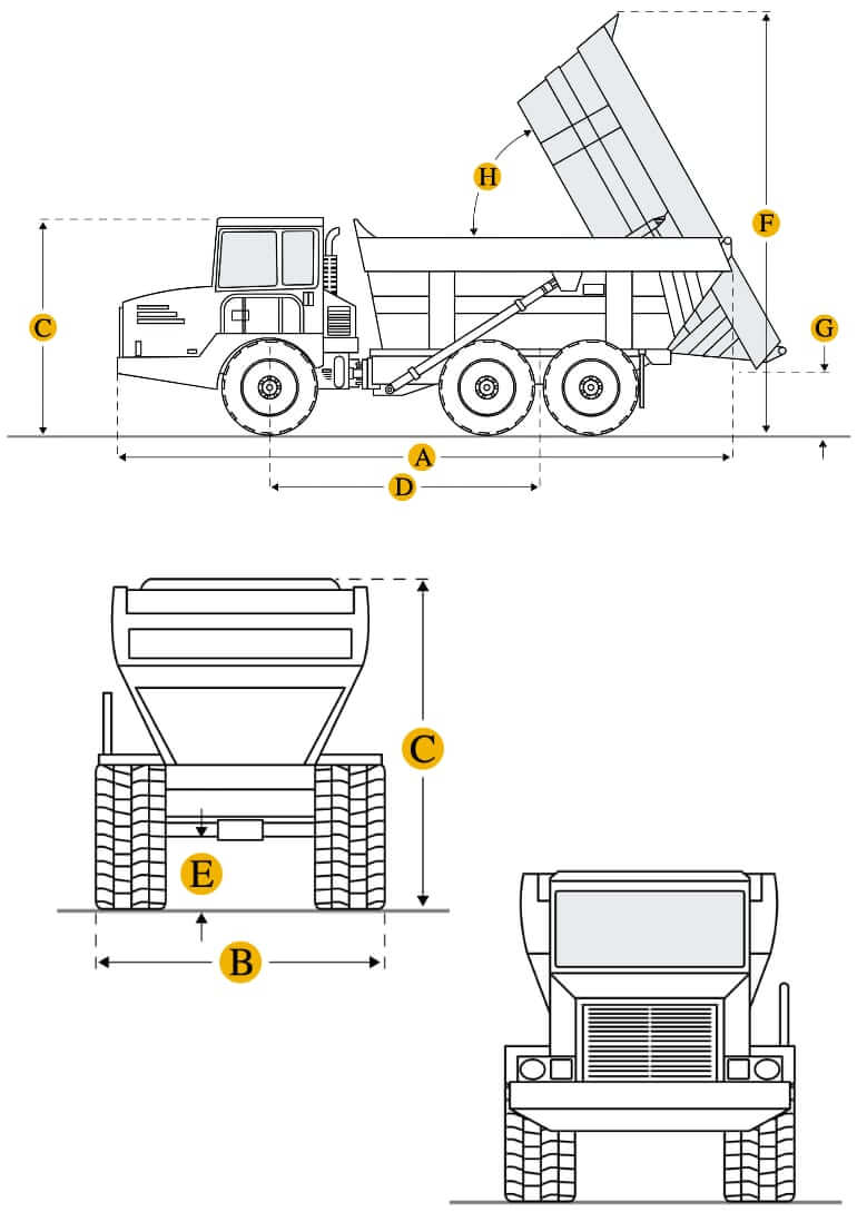 Технические характеристики сочлененного самосвала, габариты и вес