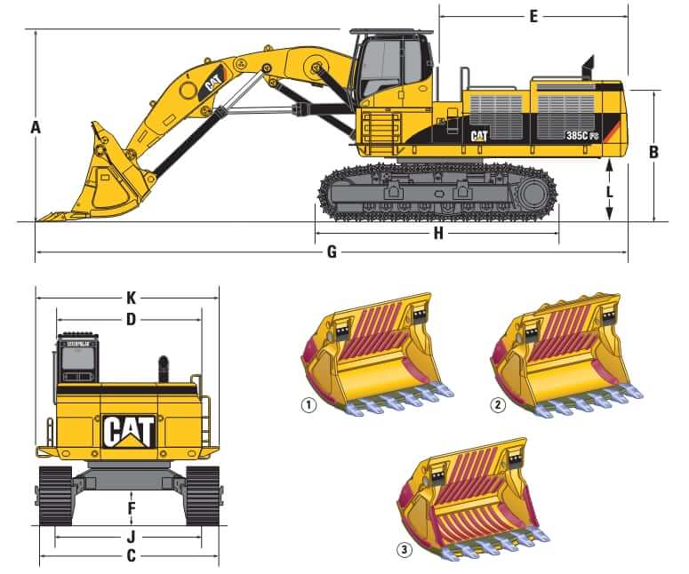 Размеры карьерного экскаватора CAT 385C FS с прямой лопатой