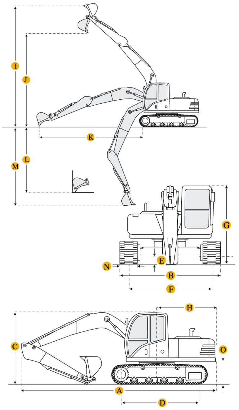 Технические характеристики экскаватора гусеничного, габариты и вес
