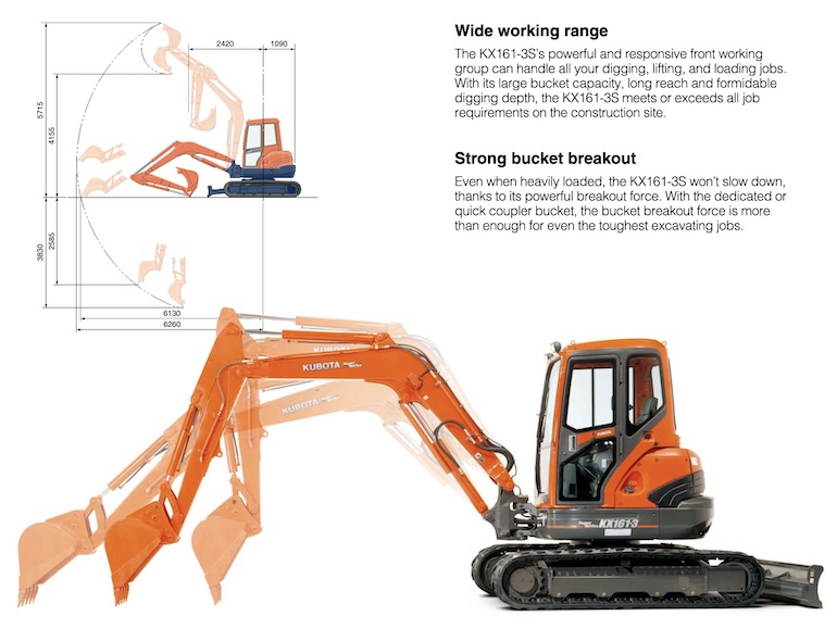 Kubota KX161-3S Compact экскаватор Working Range