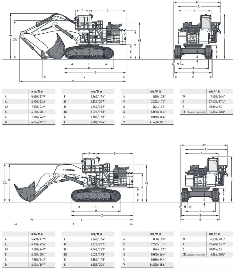 Размеры и габариты экскаватора Liebherr R 9300 с прямой и обратной лопатой