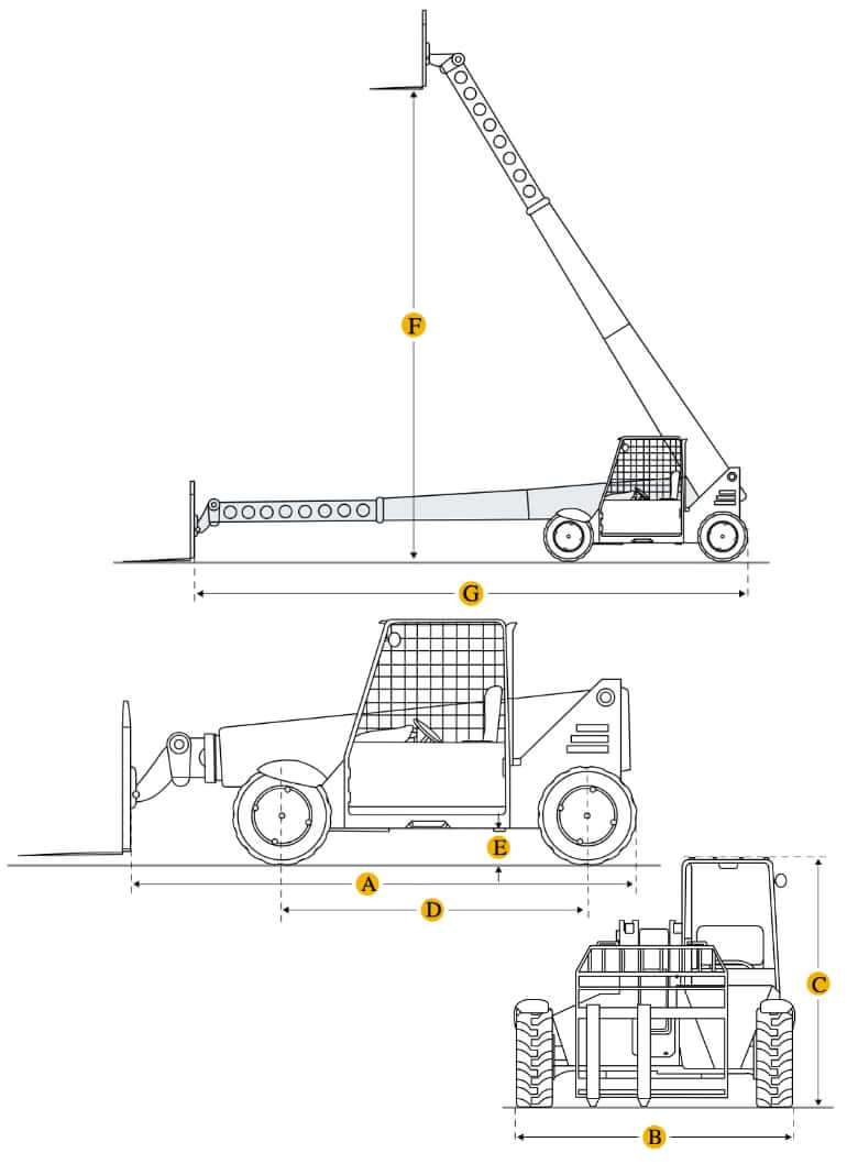 Технические характеристики погрузчика телескопического, габариты и вес