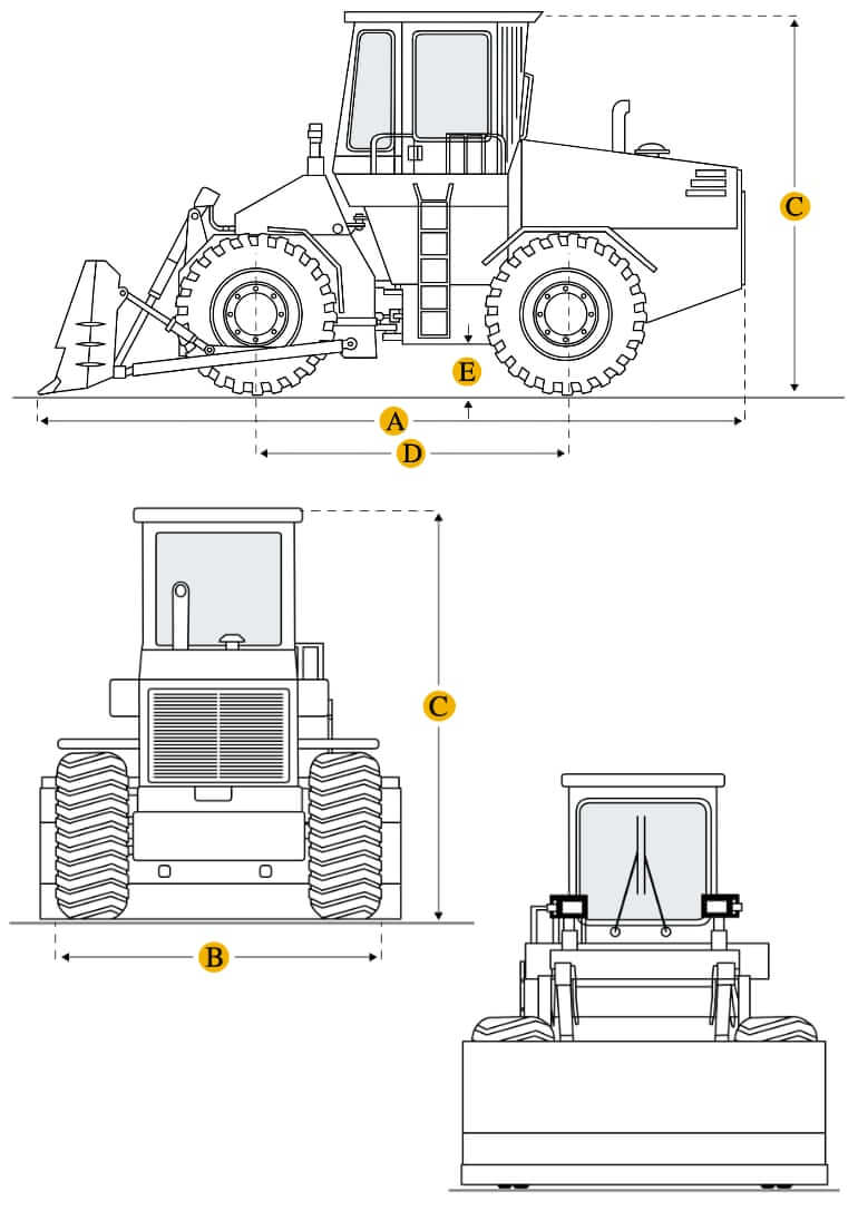 Технические характеристики бульдозера колесного, габариты и вес