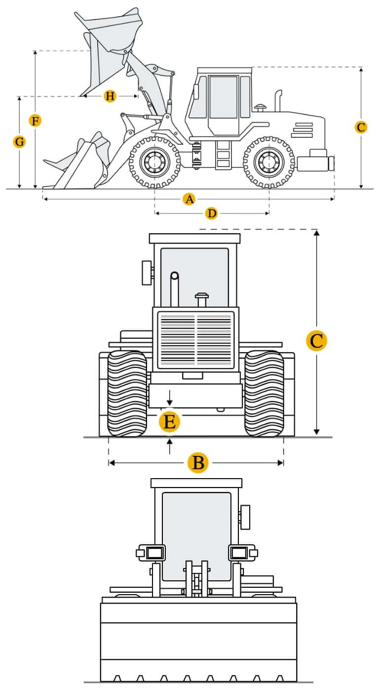 Технические характеристики погрузчика фронтального, габариты и вес